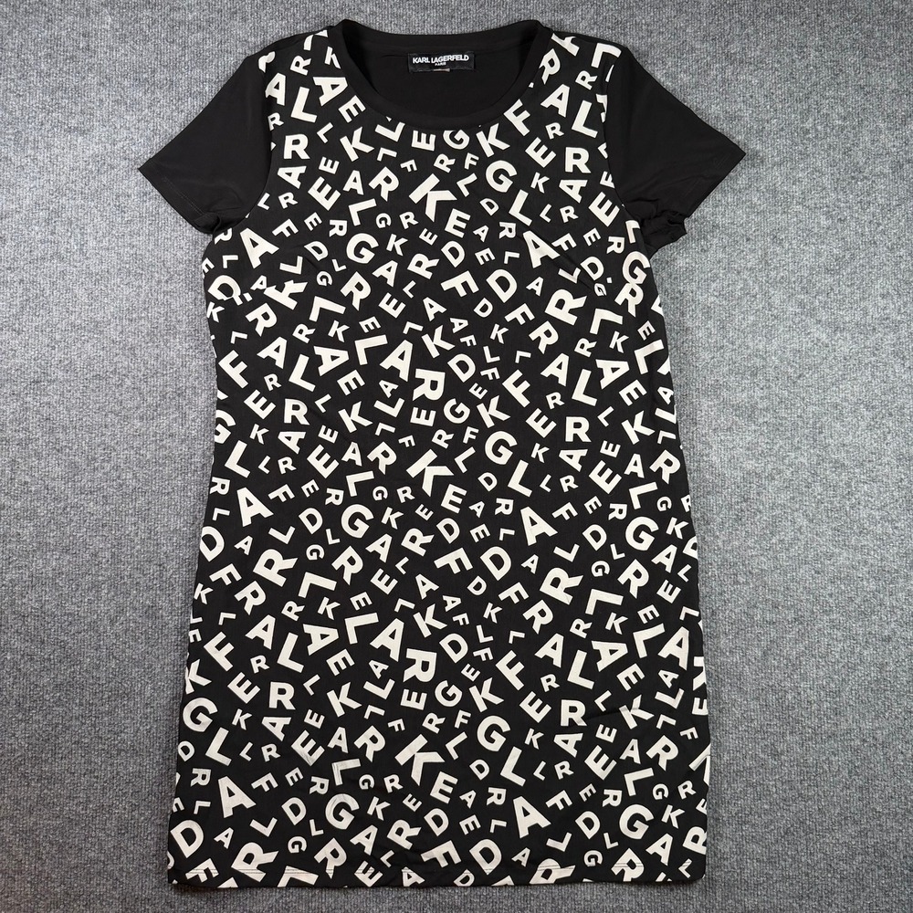 Karl Lagerfeld Paris T-Shirt Dress Womens M Black White Logo Print Short Sleeve